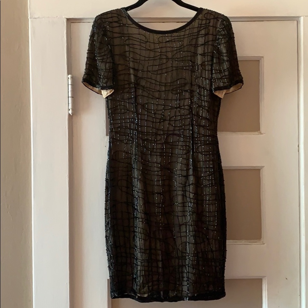 AJ Bari petite sequin silk cocktail bead gown vtg
